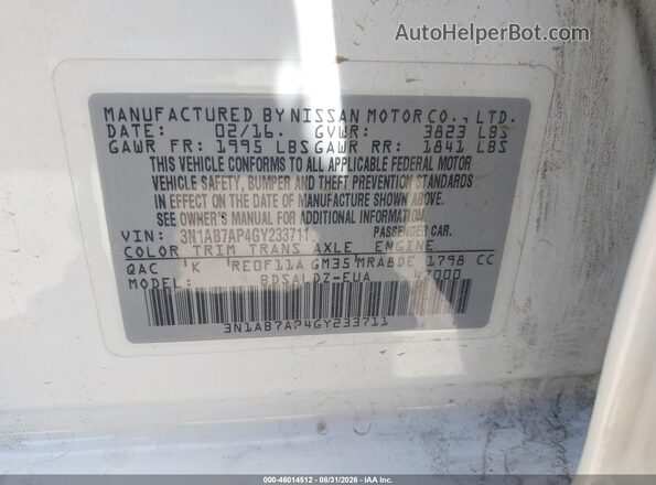 3N1AB7AP4GY233711 2016 NISSAN SENTRA White Vista del compartimento del motor