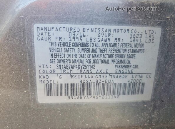 3N1AB7AP4GY251142 2016 NISSAN SENTRA Серый Вид наклейки с VIN-кодом