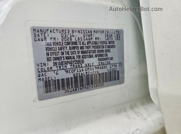 3N1AB7AP4GY258530 2016 NISSAN SENTRA White Engine compartment view