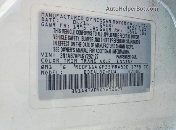3N1AB7AP4GY292127 2016 NISSAN SENTRA White VIN კოდის სტიკერის ხედი