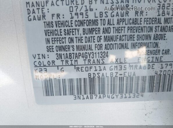 3N1AB7AP4GY311324 2016 NISSAN SENTRA Silver Widok komory silnika