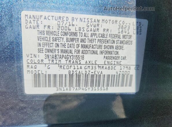 3N1AB7AP4GY315518 2016 NISSAN SENTRA Blue Widok naklejki z numerem VIN