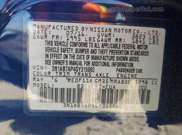 3N1AB7AP4GY315860 2016 NISSAN SENTRA Blue VIN კოდის სტიკერის ხედი
