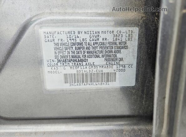 3N1AB7AP4HL648431 2017 NISSAN SENTRA Gray Vista del compartimento del motor