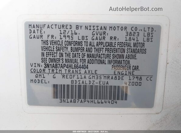 3N1AB7AP4HL664404 2017 NISSAN SENTRA White Widok komory silnika