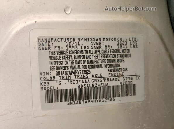 3N1AB7AP4HY212925 2017 NISSAN SENTRA Silver Շարժիչի բաժամունքի տեսք