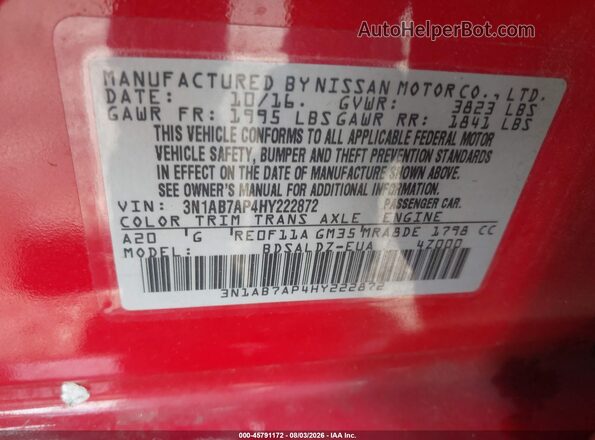 3N1AB7AP4HY222872 2017 NISSAN SENTRA Красный Вид подкапотного пространства