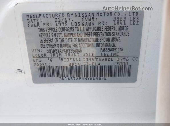 3N1AB7AP4HY264846 2017 NISSAN SENTRA White Vista del compartimento del motor