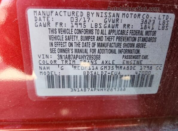 3N1AB7AP4HY289388 2017 NISSAN SENTRA Burgundy ძრავის განყოფილების ხედი