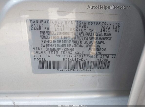 3N1AB7AP4HY314354 2017 NISSAN SENTRA Silver ძრავის განყოფილების ხედი