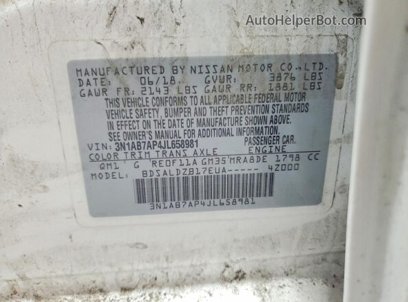 3N1AB7AP4JL658981 2018 NISSAN SENTRA White Widok komory silnika