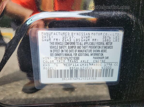 3N1AB7AP4JY218388 2018 NISSAN SENTRA Black Вид підкапотного простору