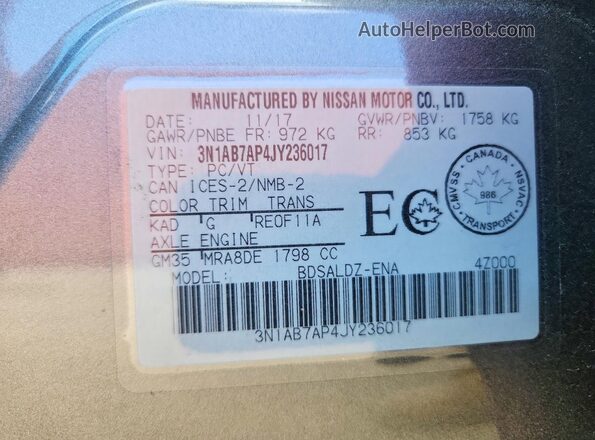 3N1AB7AP4JY236017 2018 NISSAN SENTRA Gray Շարժիչի բաժամունքի տեսք