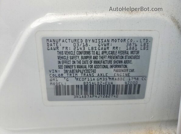 3N1AB7AP4JY282740 2018 NISSAN SENTRA White ძრავის განყოფილების ხედი