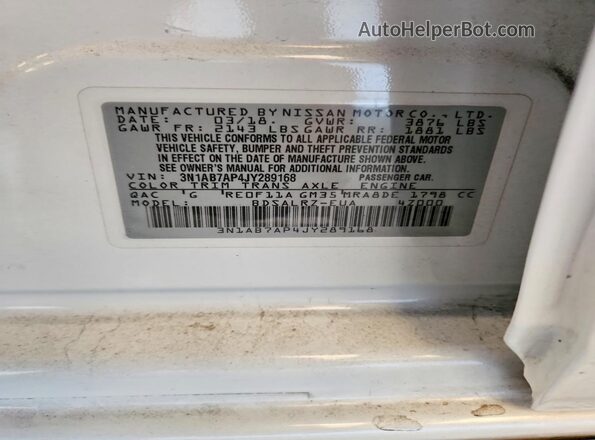 3N1AB7AP4JY289168 2018 NISSAN SENTRA White Widok komory silnika