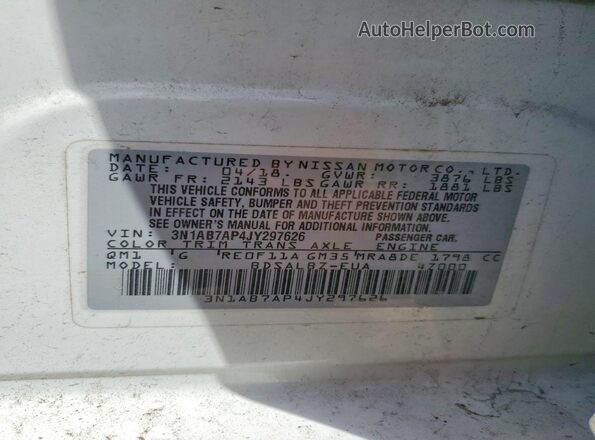 3N1AB7AP4JY297626 2018 NISSAN SENTRA White Вид наклейки з VIN-кодом