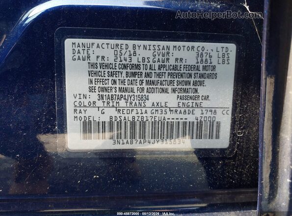 3N1AB7AP4JY315834 2018 NISSAN SENTRA Blue Вид підкапотного простору