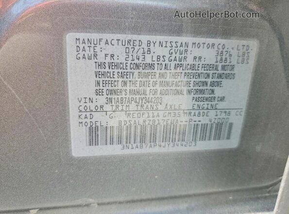 3N1AB7AP4JY344203 2018 NISSAN SENTRA Gray VIN կոդի պիտակի տեսք