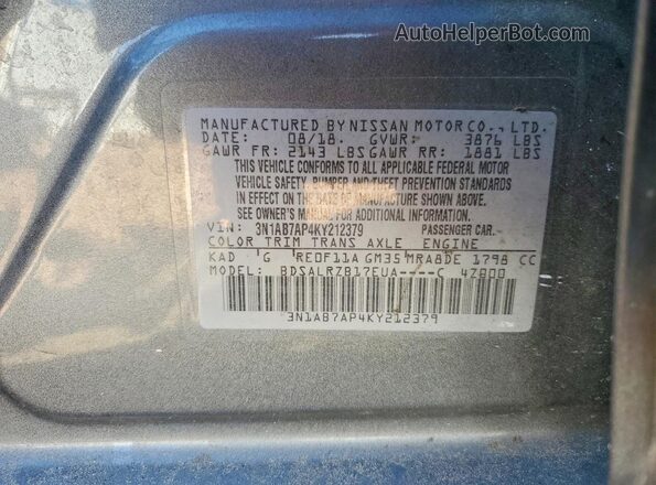 3N1AB7AP4KY212379 2019 NISSAN SENTRA Gray Շարժիչի բաժամունքի տեսք