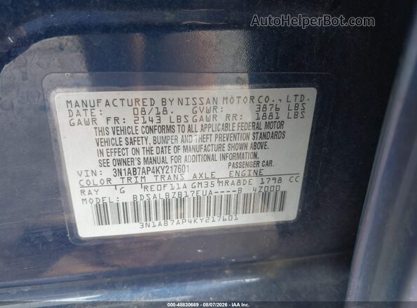 3N1AB7AP4KY217601 2019 NISSAN SENTRA Синий Вид подкапотного пространства