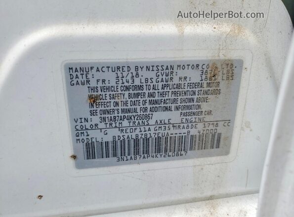 3N1AB7AP4KY260867 2019 NISSAN SENTRA White Вид підкапотного простору