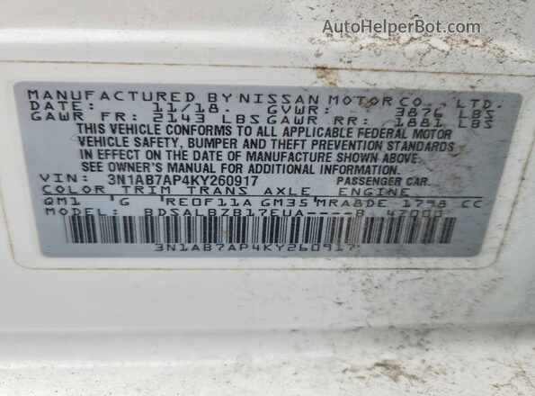 3N1AB7AP4KY260917 2019 NISSAN SENTRA White 360 interior view