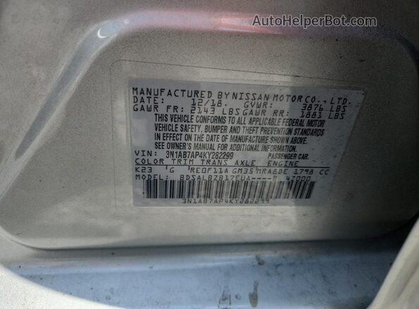 3N1AB7AP4KY282299 2019 NISSAN SENTRA Silver Շարժիչի բաժամունքի տեսք