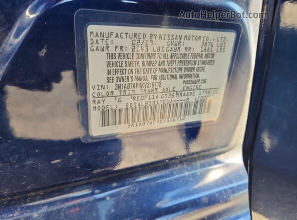 3N1AB7AP4KY316712 2019 NISSAN SENTRA Blue Vista de la etiqueta del VIN