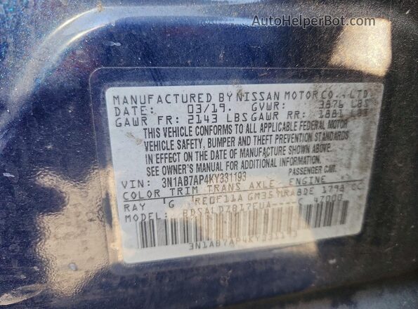 3N1AB7AP4KY331193 2019 NISSAN SENTRA Синий Вид подкапотного пространства