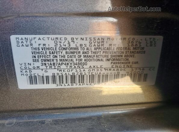 3N1AB7AP4KY348690 2019 NISSAN SENTRA Gray Widok naklejki z numerem VIN