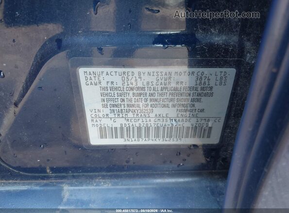 3N1AB7AP4KY362539 2019 NISSAN SENTRA Dark Blue Widok komory silnika