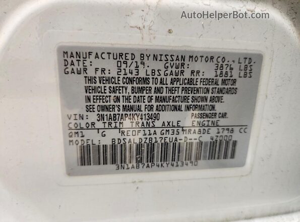 3N1AB7AP4KY413490 2019 NISSAN SENTRA White Vista del compartimento del motor