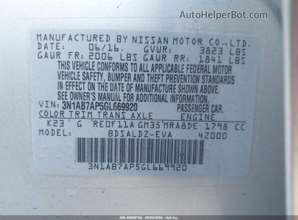 3N1AB7AP5GL669920 2016 NISSAN SENTRA Silver Vista del compartimento del motor