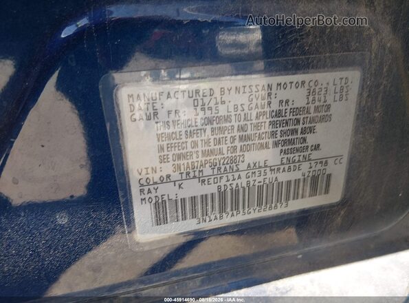 3N1AB7AP5GY228873 2016 NISSAN SENTRA Blue Вид підкапотного простору