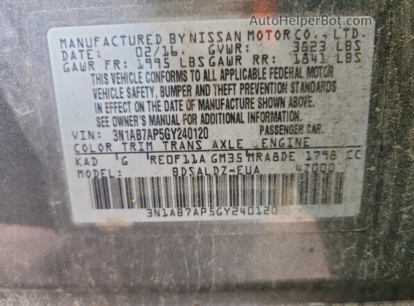 3N1AB7AP5GY240120 2016 NISSAN SENTRA Серебряный Вид наклейки с VIN-кодом