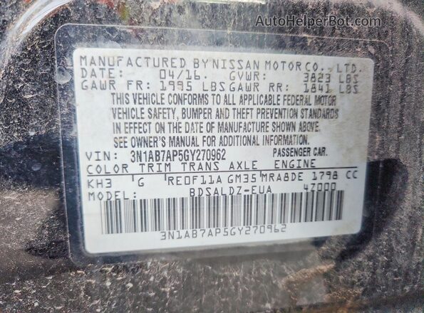 3N1AB7AP5GY270962 2016 NISSAN SENTRA Black VIN sticker view