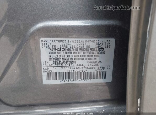 3N1AB7AP5GY272288 2016 NISSAN SENTRA Серый Вид подкапотного пространства