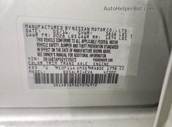 3N1AB7AP5GY276972 2016 NISSAN SENTRA Silver Widok komory silnika