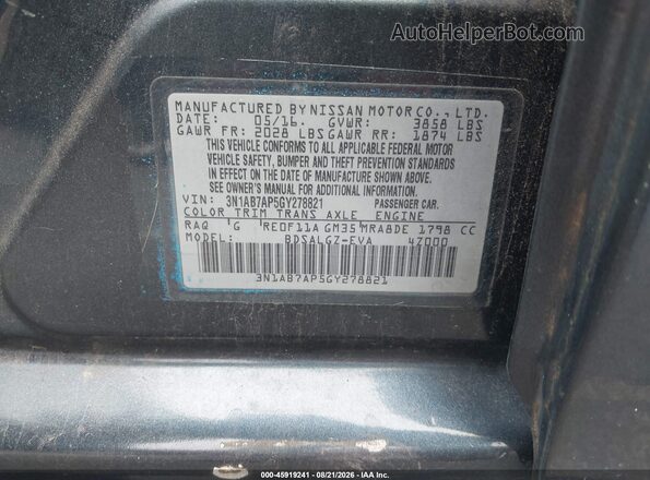 3N1AB7AP5GY278821 2016 NISSAN SENTRA Blue ძრავის განყოფილების ხედი