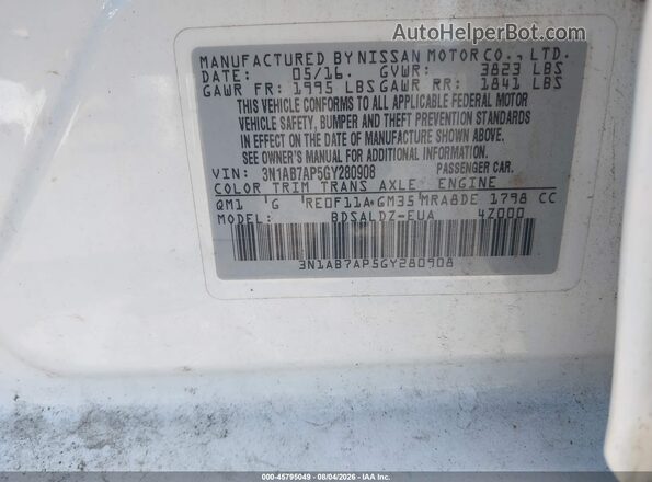 3N1AB7AP5GY280908 2016 NISSAN SENTRA White Widok komory silnika