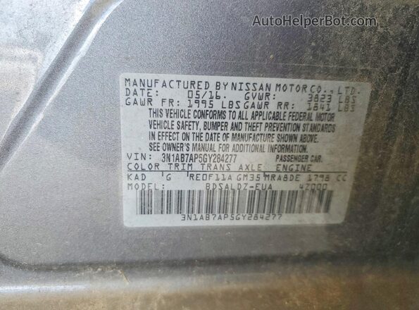 3N1AB7AP5GY284277 2016 NISSAN SENTRA Gray ძრავის განყოფილების ხედი