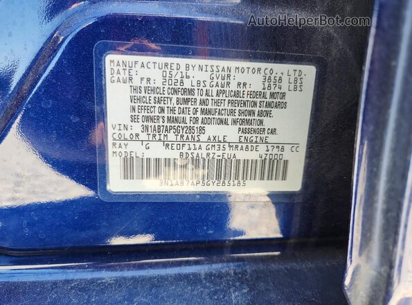 3N1AB7AP5GY285185 2016 NISSAN SENTRA Blue Вид наклейки з VIN-кодом