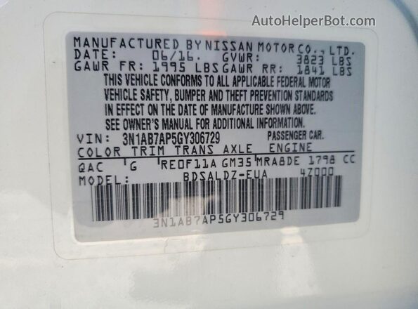3N1AB7AP5GY306729 2016 NISSAN SENTRA White Вид підкапотного простору