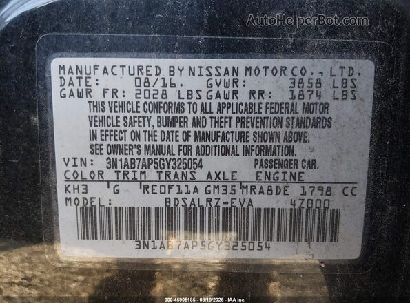 3N1AB7AP5GY325054 2016 NISSAN SENTRA Black Вид підкапотного простору