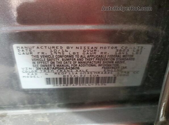 3N1AB7AP5HL643626 2017 NISSAN SENTRA Gray VIN კოდის სტიკერის ხედი