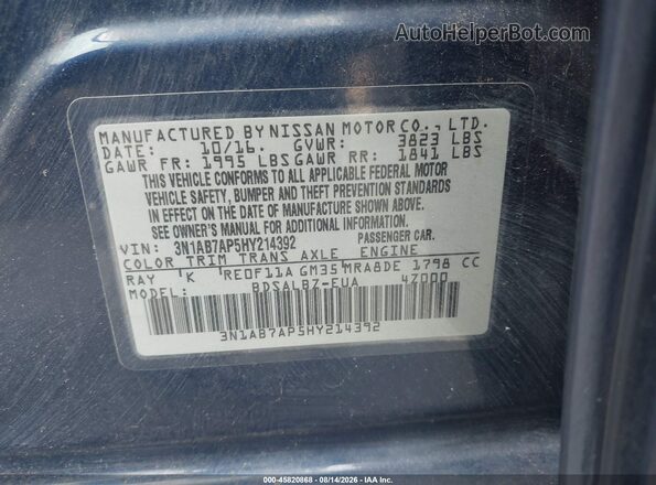 3N1AB7AP5HY214392 2017 NISSAN SENTRA Blue Widok komory silnika