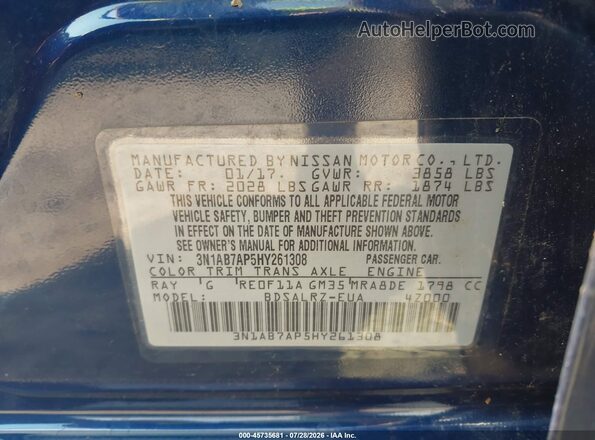 3N1AB7AP5HY261308 2017 NISSAN SENTRA Blue Вид підкапотного простору