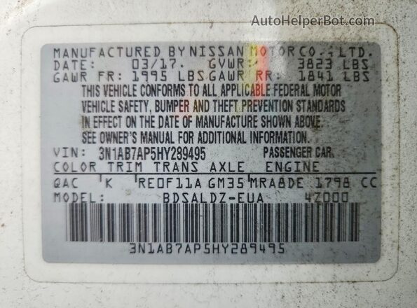 3N1AB7AP5HY289495 2017 NISSAN SENTRA White Engine compartment view