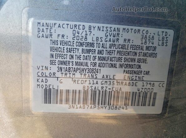 3N1AB7AP5HY308241 2017 NISSAN SENTRA Серый Вид наклейки с VIN-кодом