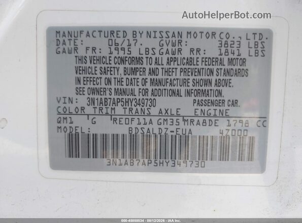 3N1AB7AP5HY349730 2017 NISSAN SENTRA White Engine compartment view